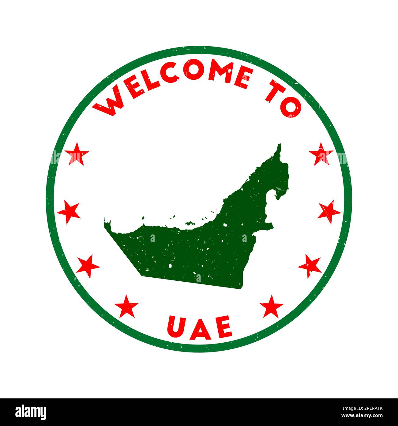 Benvenuto nel francobollo degli Emirati Arabi Uniti. Francobollo country rotondo grunge con texture in tema rosso. Sigillo geometrico degli Emirati Arabi Uniti in stile vintage. Sorprendente illustrazione vettoriale. Illustrazione Vettoriale