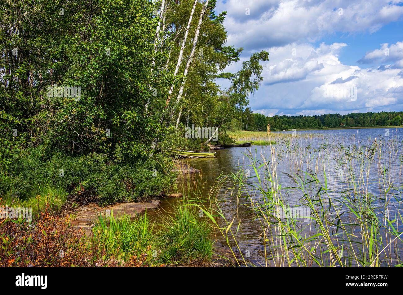 Pittoresco idilliaco sul lago Tunasjön, Vimmerby, Smaland, contea di Kalmar, Svezia. Foto Stock