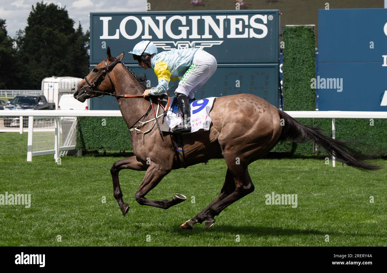 Ascot, Berkshire, Regno Unito. 29 luglio 2023. Cavallo Sacro Angelo guidato dal fantino Jason Hart vince il Bateaux London Princess Margaret Stakes all'ippodromo di Ascot nel QIPCO King George Day. Il proprietario Nurlan Bizakov. Allenatore Charlie Johnston, Middleham. Credito: Maureen McLean/Alamy Live News Foto Stock