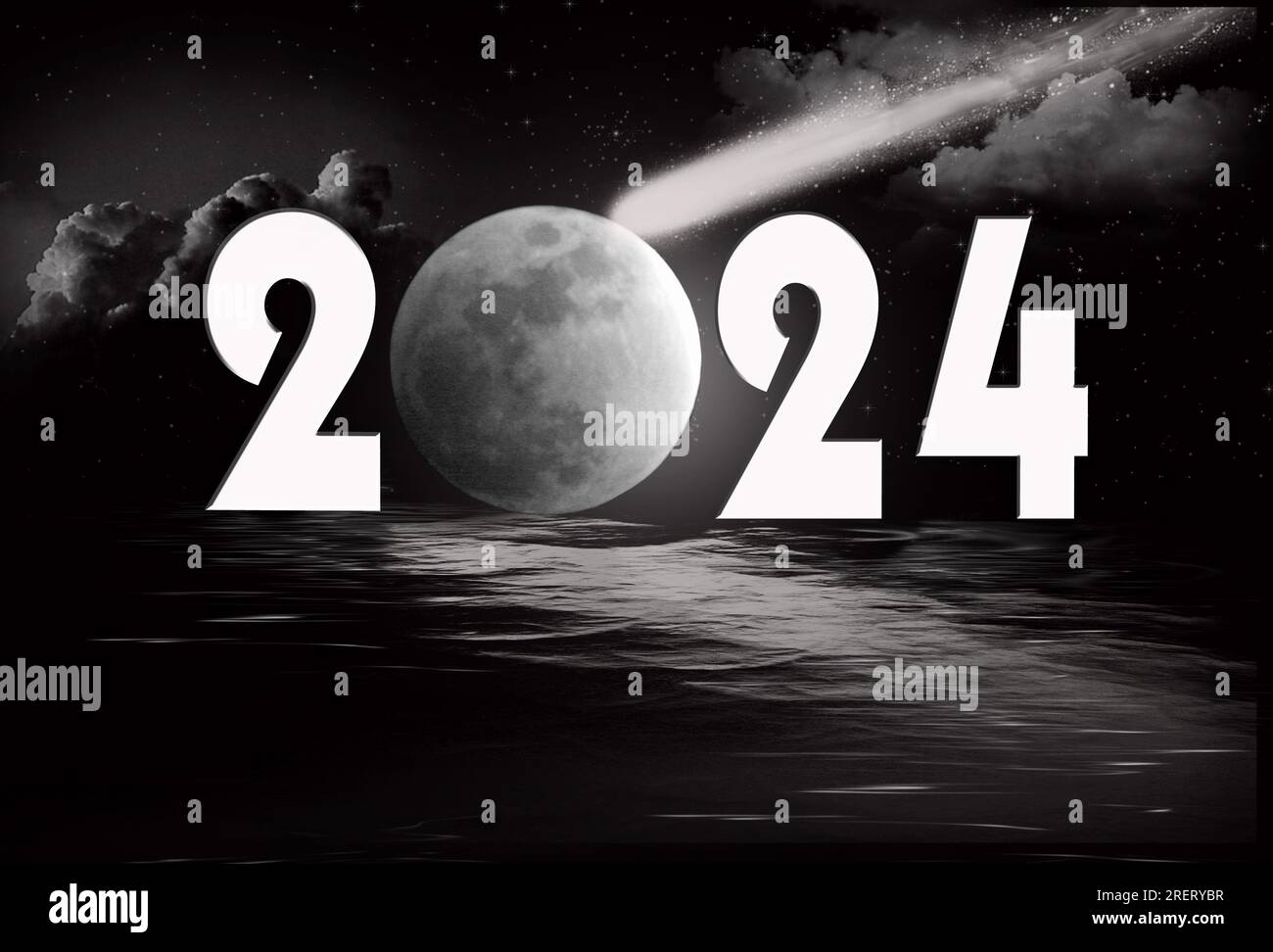 Capodanno 2024 luna piena con stelle, cometa e riflessi d'acqua nera Foto Stock