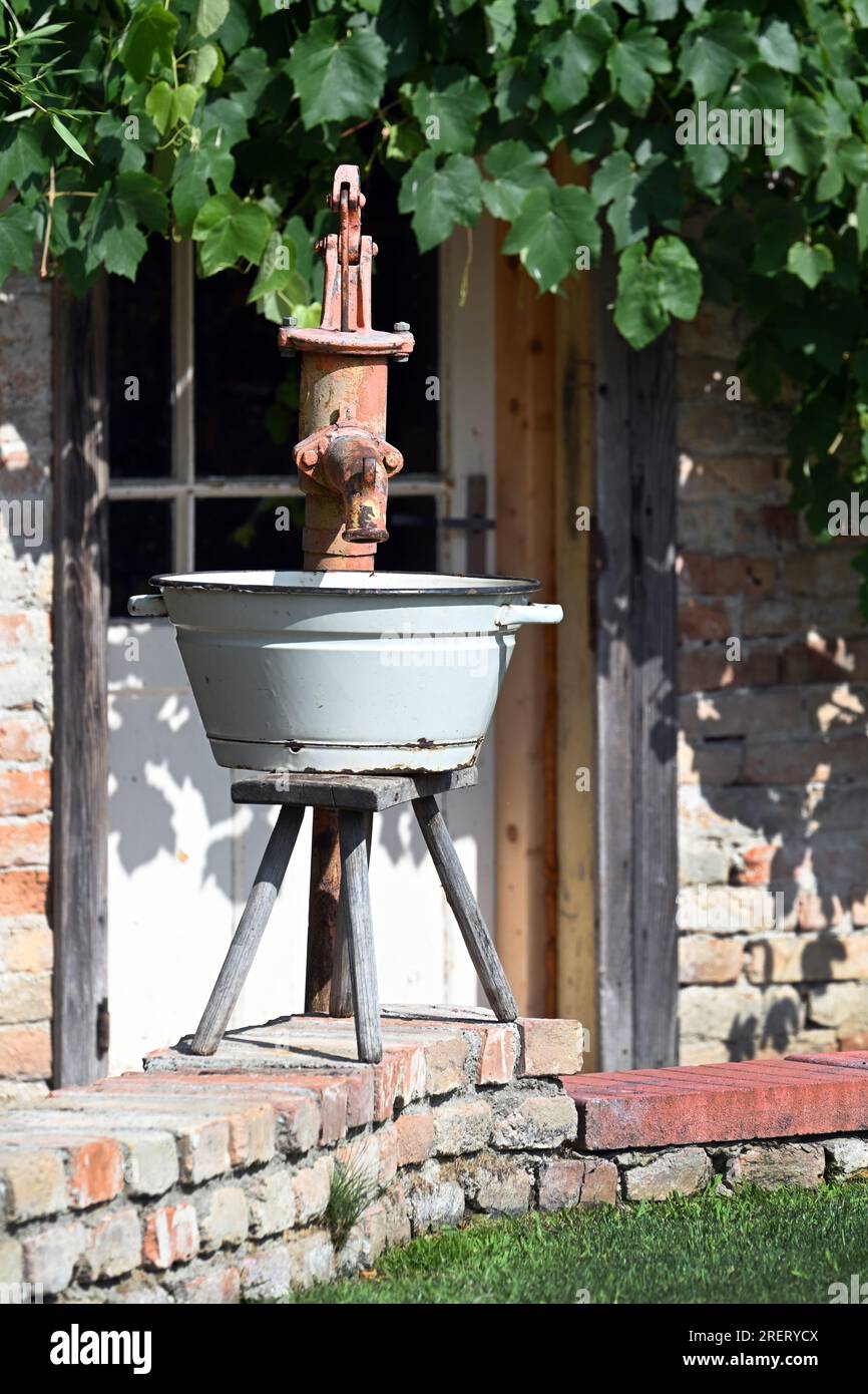 Pompa d'acqua d'epoca con lavabo in metallo bianco in un ambiente rustico di campagna, con porta bianca e vite sullo sfondo, in formato verticale Foto Stock