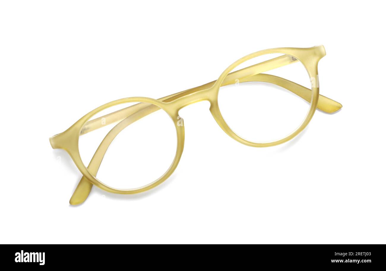 Occhiali con lenti correttive su sfondo bianco, vista dall'alto Foto Stock
