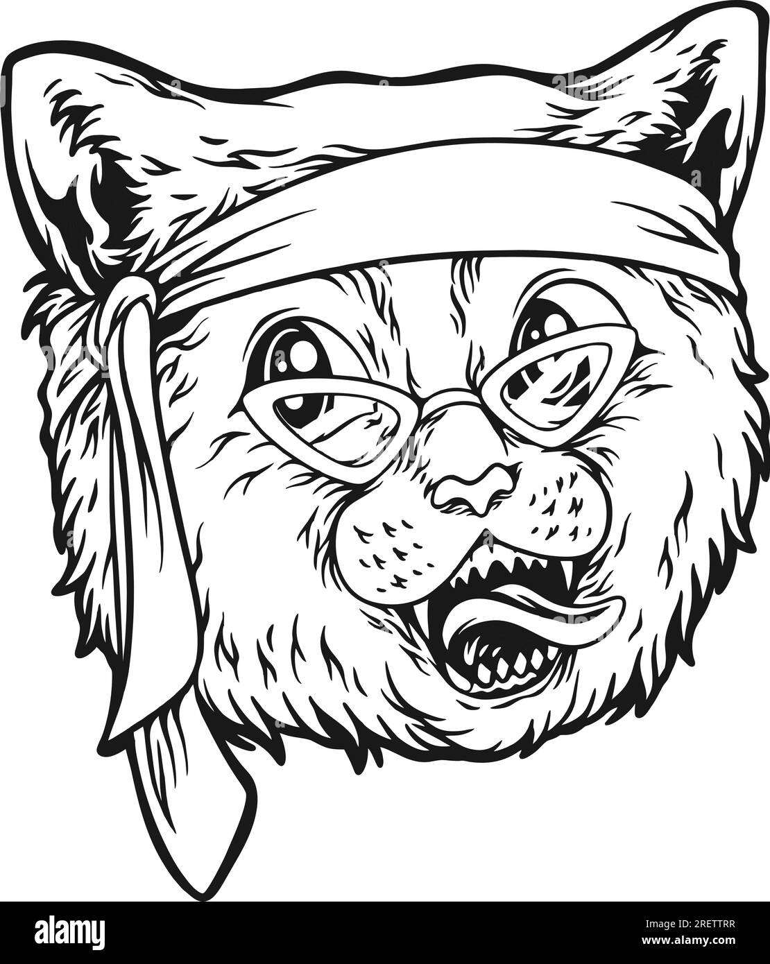 Simpatiche vibrazioni feline hippie bohémien delineano illustrazioni vettoriali per il logo del tuo lavoro, t-shirt di merchandising, adesivi e disegni di etichette, poster, saluti Illustrazione Vettoriale
