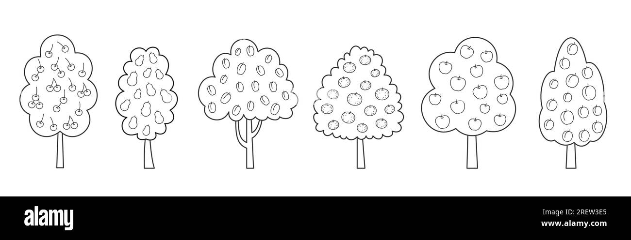 Set di linee per alberi da frutto. Pagina da colorare di piante agricole da giardino, alberi con ciliegio maturo prugna arancio mandarino mela albicocca pesca isolata su bianco. Raccolto fresco biologico Illustrazione Vettoriale