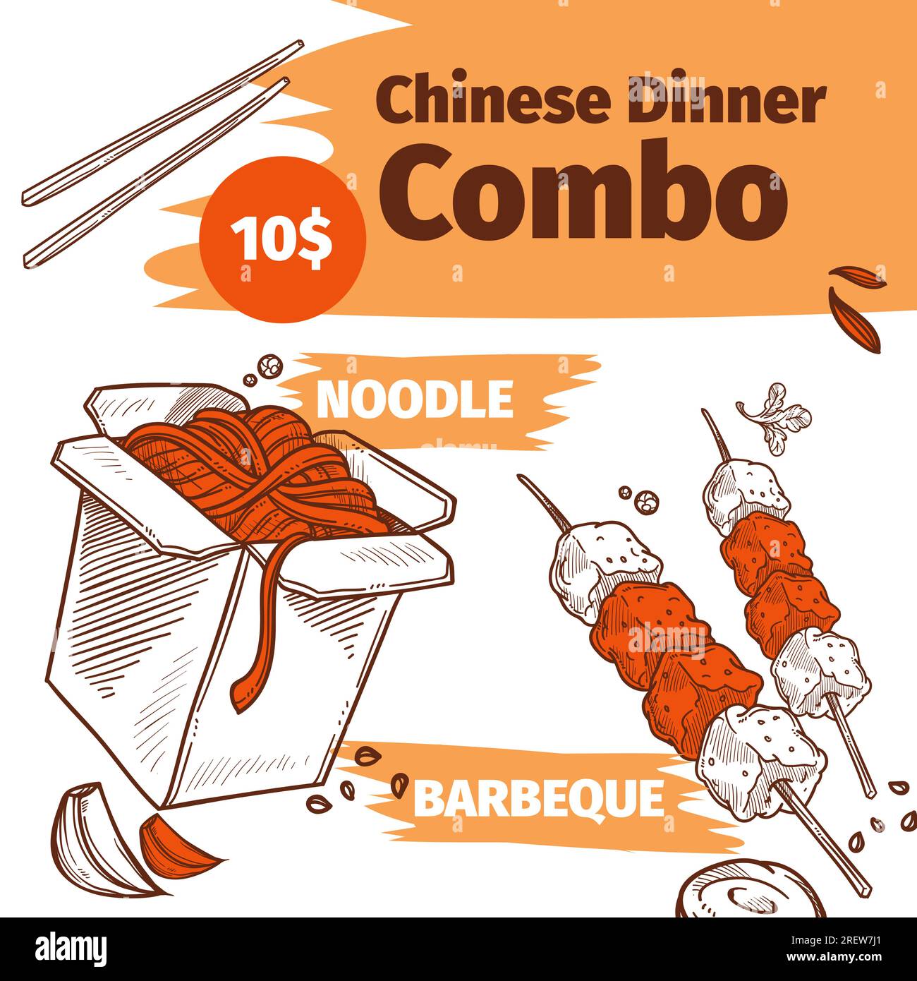 Cena cinese combinata, noodles e banner barbeque Illustrazione Vettoriale