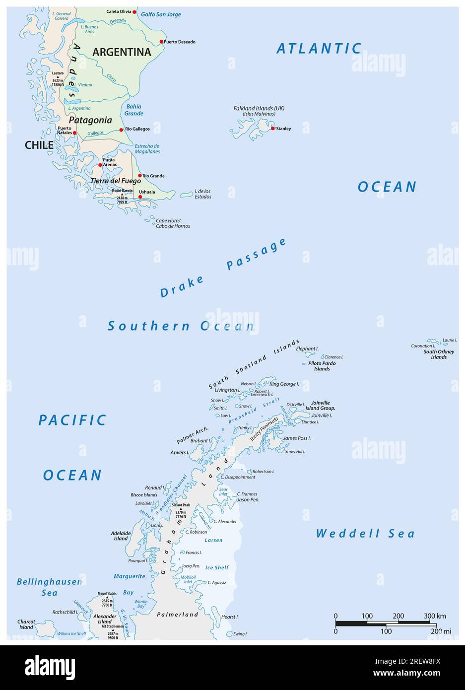 Mappa dell'area compresa tra la Patagonia e la penisola antartica Foto Stock