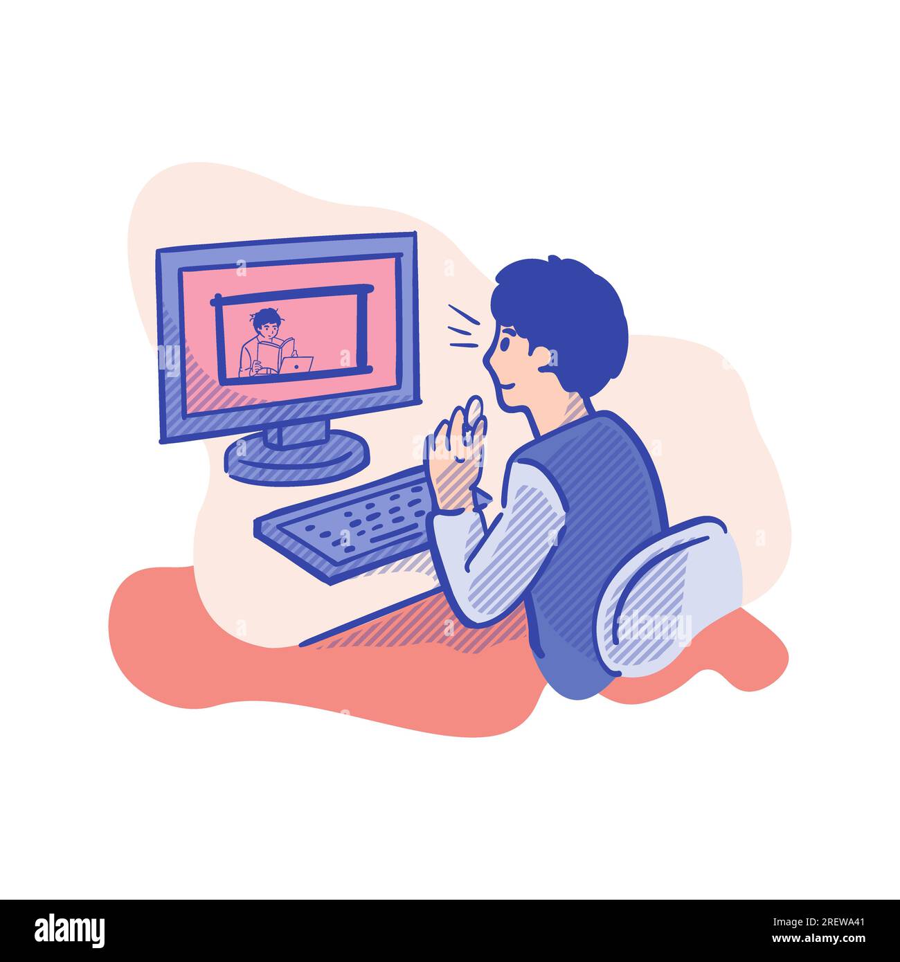 Uomo seduto davanti al computer e al lavoro. Illustrazione vettoriale in stile piatto Illustrazione Vettoriale