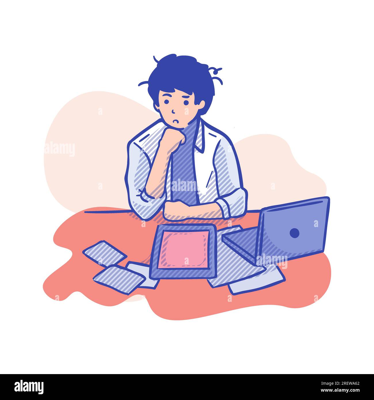 Immagine di un giovane seduto alla scrivania e che lavora al suo computer portatile Illustrazione Vettoriale