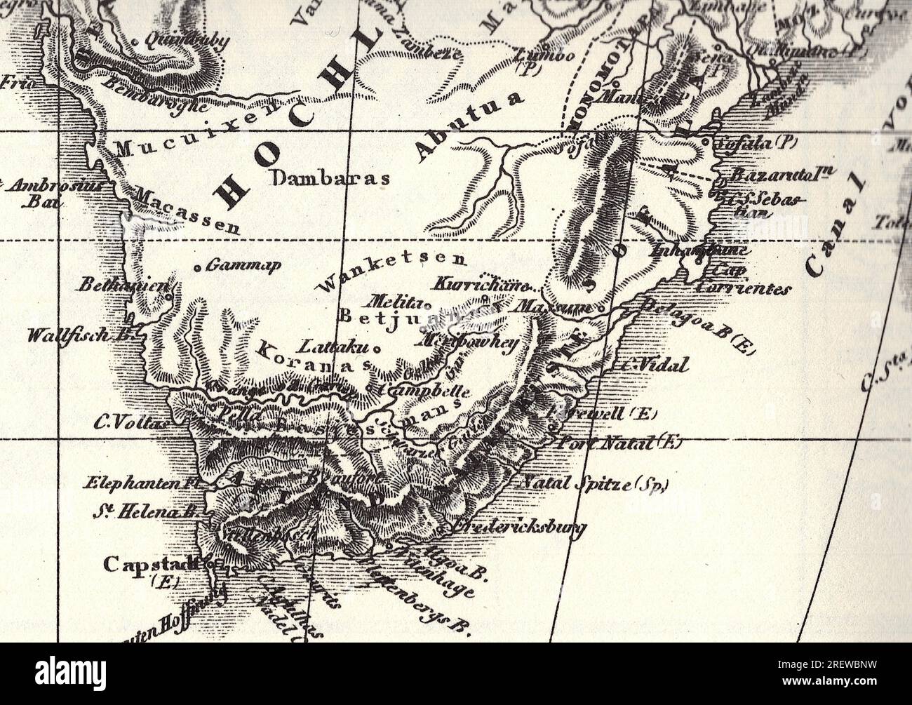 Carta geografica storica in bianco e nero del costo meridionale dell'Africa. Foto Stock