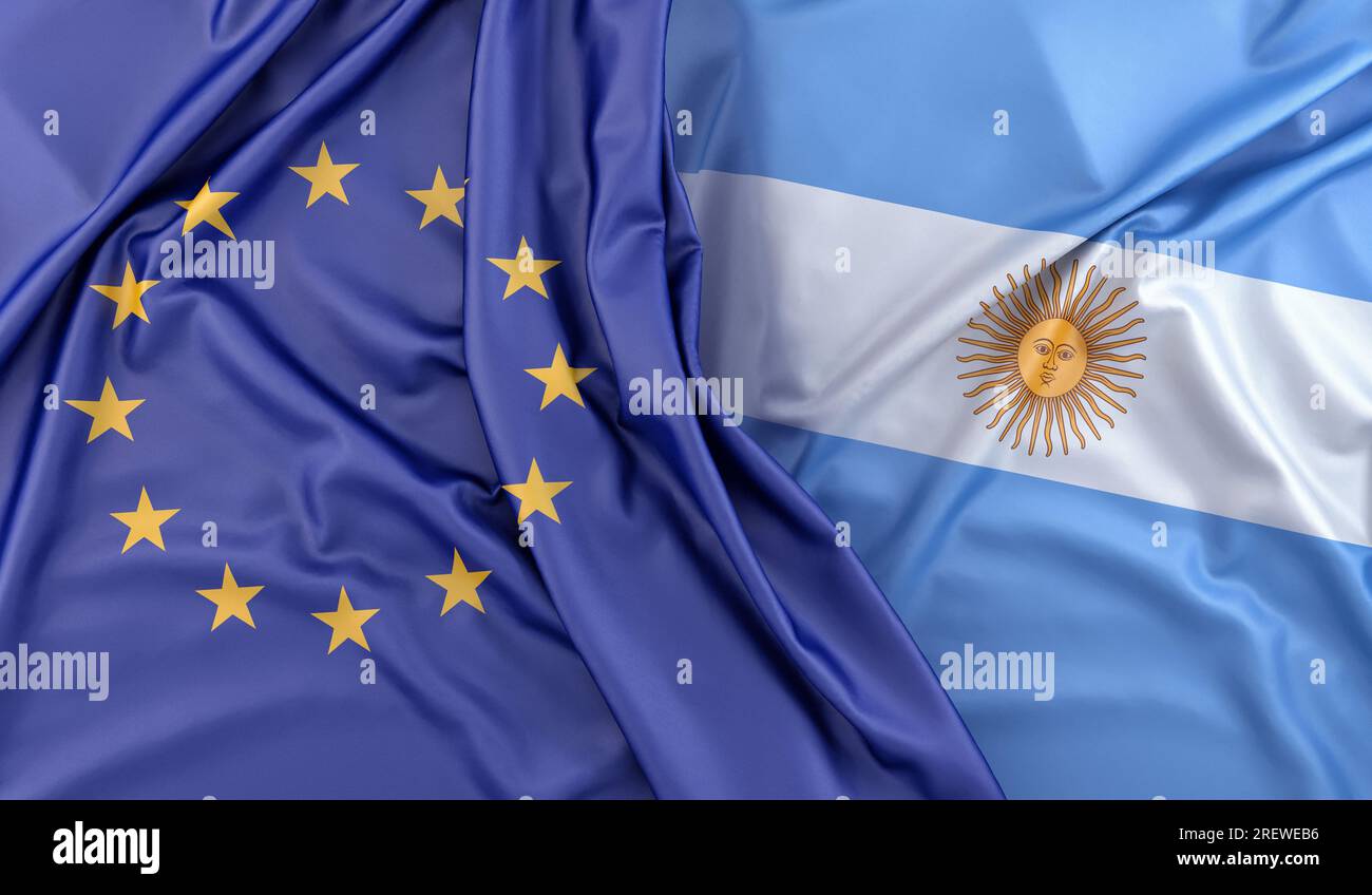 Bandiere volant dell'Unione europea e dell'Argentina. Rendering 3D. Foto Stock
