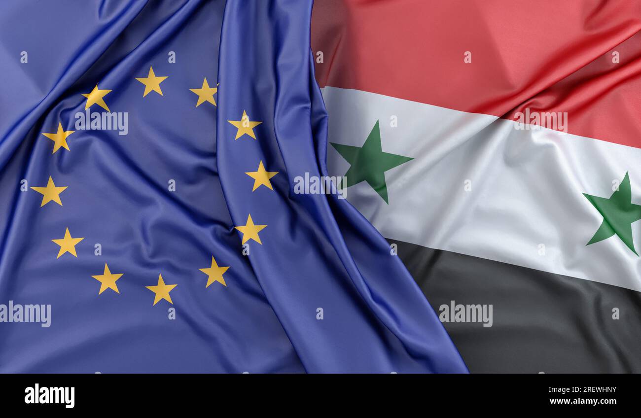 Bandiere volant dell'Unione europea e della Siria. Rendering 3D. Foto Stock