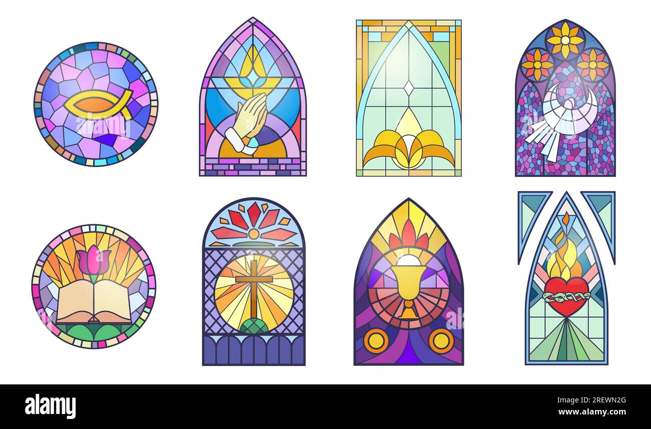 Le finestre a mosaico della chiesa mostrano un'illustrazione vettoriale. Cornici ad arco gotico medievali isolate da cartoni animati con motivi religiosi cristiani astratti, colorata collezione di vetrate colorate della vecchia cappella Illustrazione Vettoriale