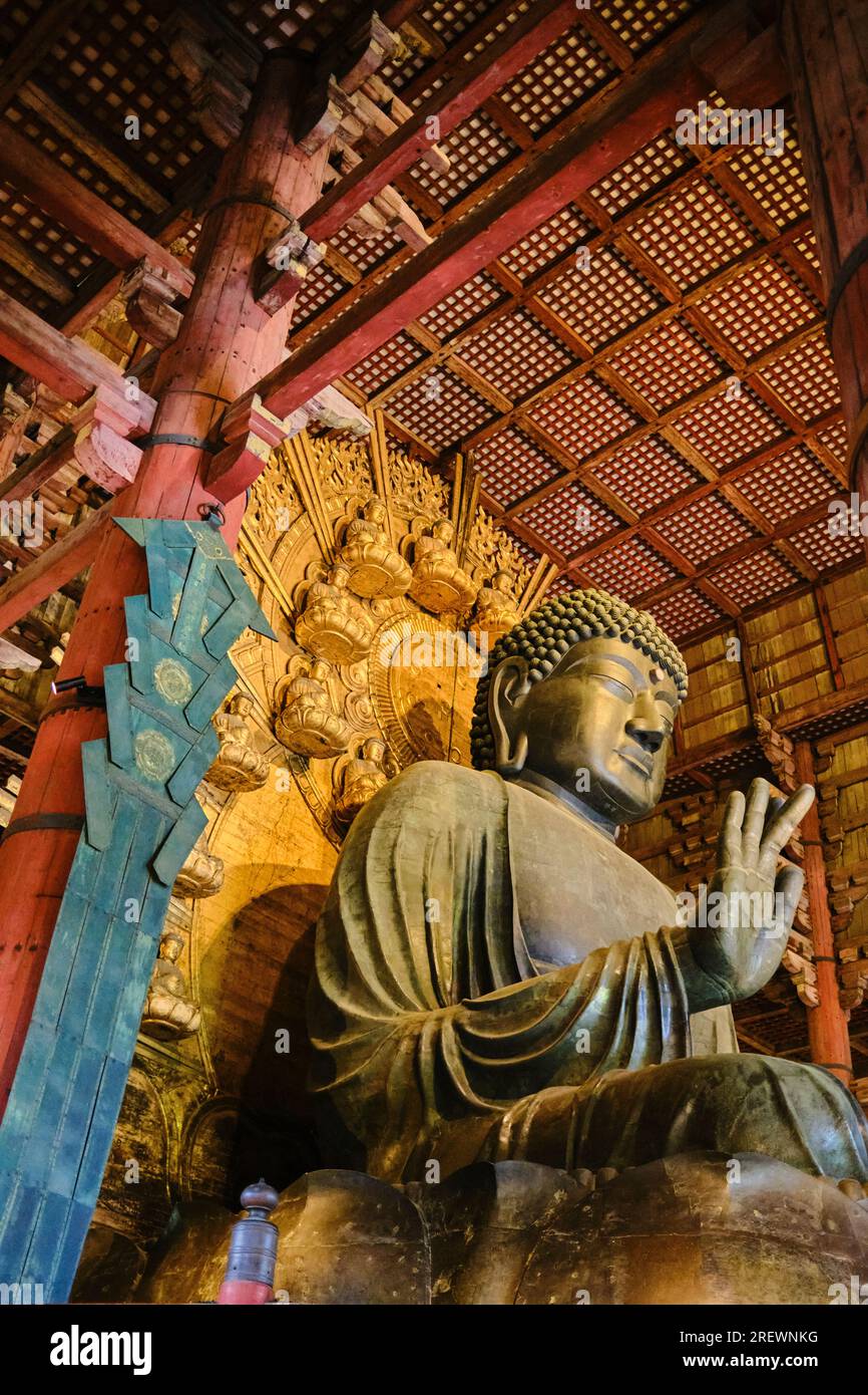 Luglio 2023, Nara. La statua del grande Buddha Daibutsu all'interno del Tempio Todaiji Foto Stock