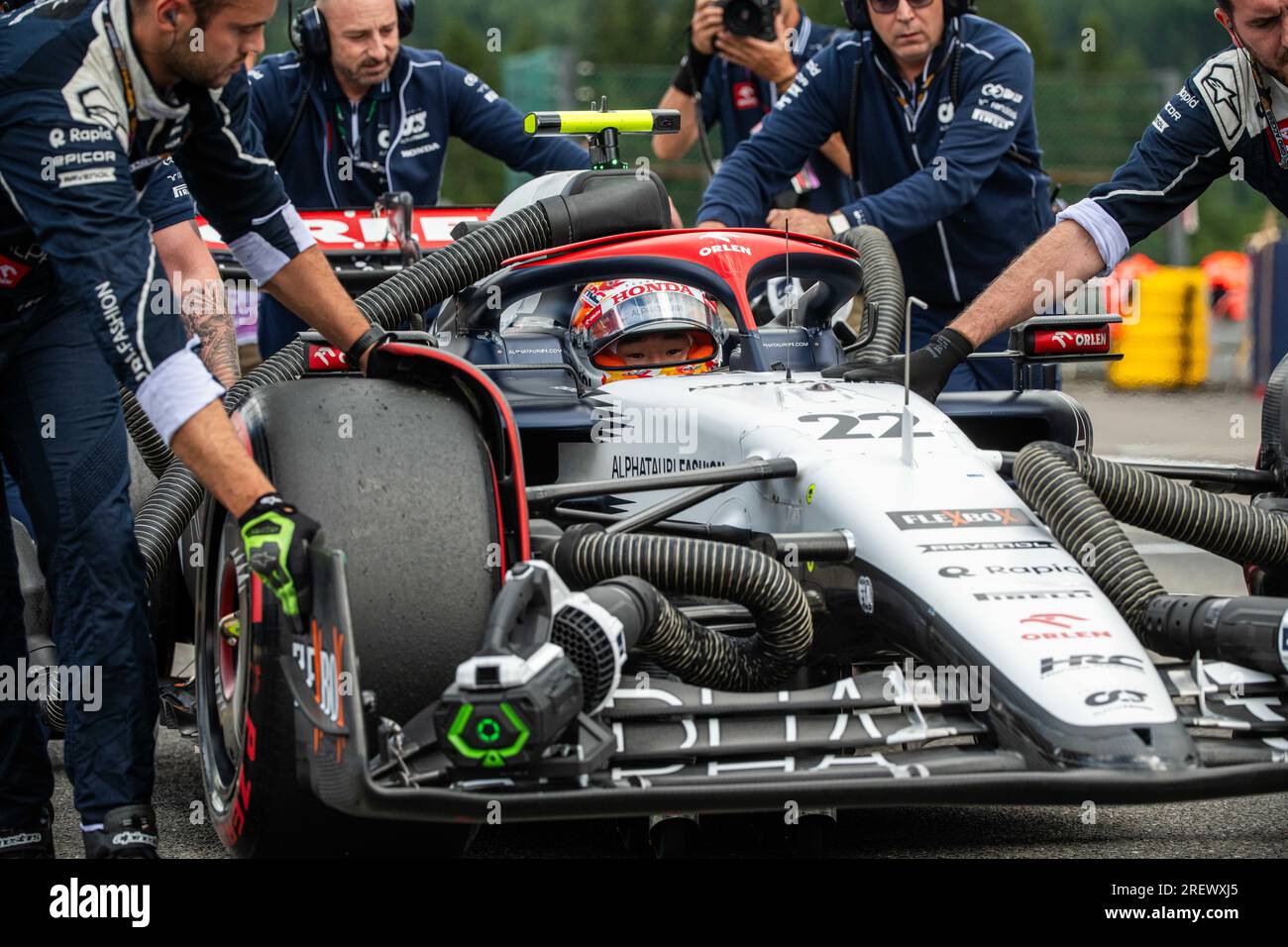 Stavelot, Belgio. 29 luglio 2023. Scuderia AlphaTauri pilota giapponese Yuki Tsunoda nella foto di fronte alla gara sprint del Gran Premio di Formula 1 del Belgio, a Spa-Francorchamps, sabato 29 luglio 2023. Il Gran Premio di Formula uno di Spa-Francorchamps si svolge questo fine settimana, dal 28 al 30 luglio. BELGA PHOTO JONAS ROOSENS Credit: Belga News Agency/Alamy Live News Foto Stock