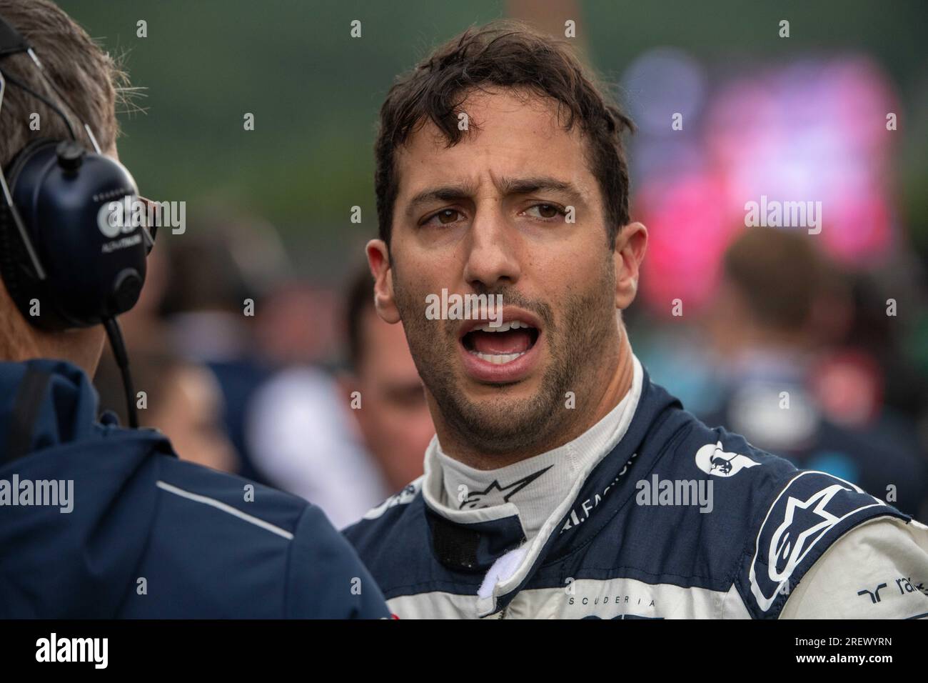 Stavelot, Belgio. 29 luglio 2023. Scuderia AlphaTauri il pilota australiano Daniel Ricciardo si è presentato in vista della gara sprint del Gran Premio di Formula 1 del Belgio, a Spa-Francorchamps, sabato 29 luglio 2023. Il Gran Premio di Formula uno di Spa-Francorchamps si svolge questo fine settimana, dal 28 al 30 luglio. BELGA PHOTO JONAS ROOSENS Credit: Belga News Agency/Alamy Live News Foto Stock