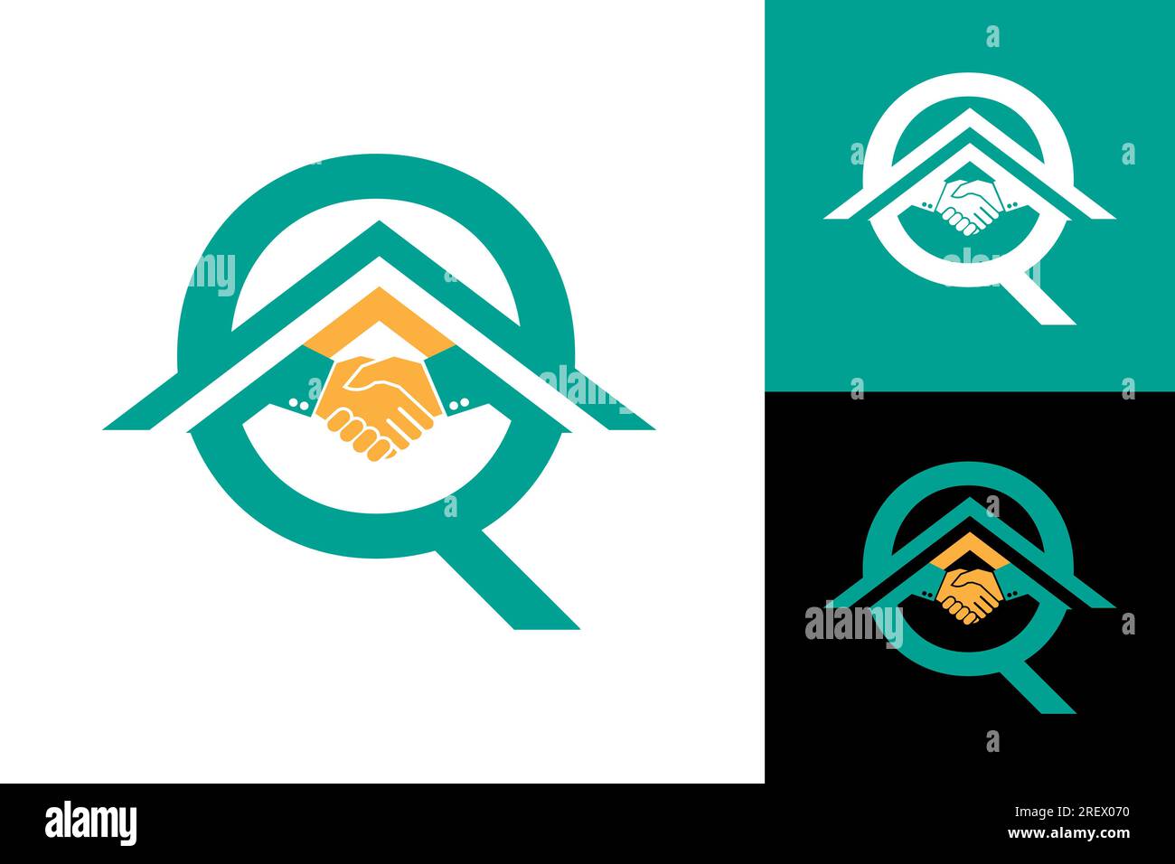 Lettera Q Home con logo Hand Deal Illustrazione Vettoriale
