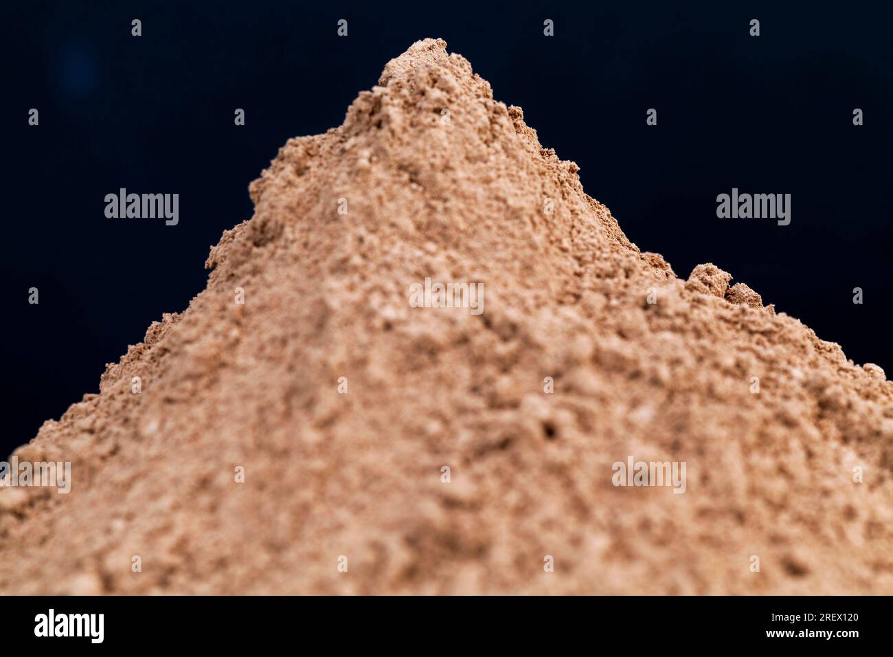 un grande mucchio di fagioli di cacao in polvere per la produzione di cioccolato o altri dolci, una nitidezza selettiva e una piccola profondità di campo in cui viene utilizzata la polvere di cacao Foto Stock