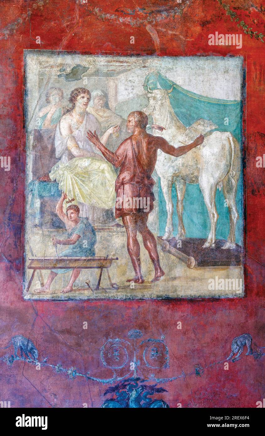 Sito archeologico di Pompei, Campania, Italia. Affresco che illustra il mito greco di Daedalus e Pasifae. Casa dei Vettii. Casa dei Vettii. Foto Stock