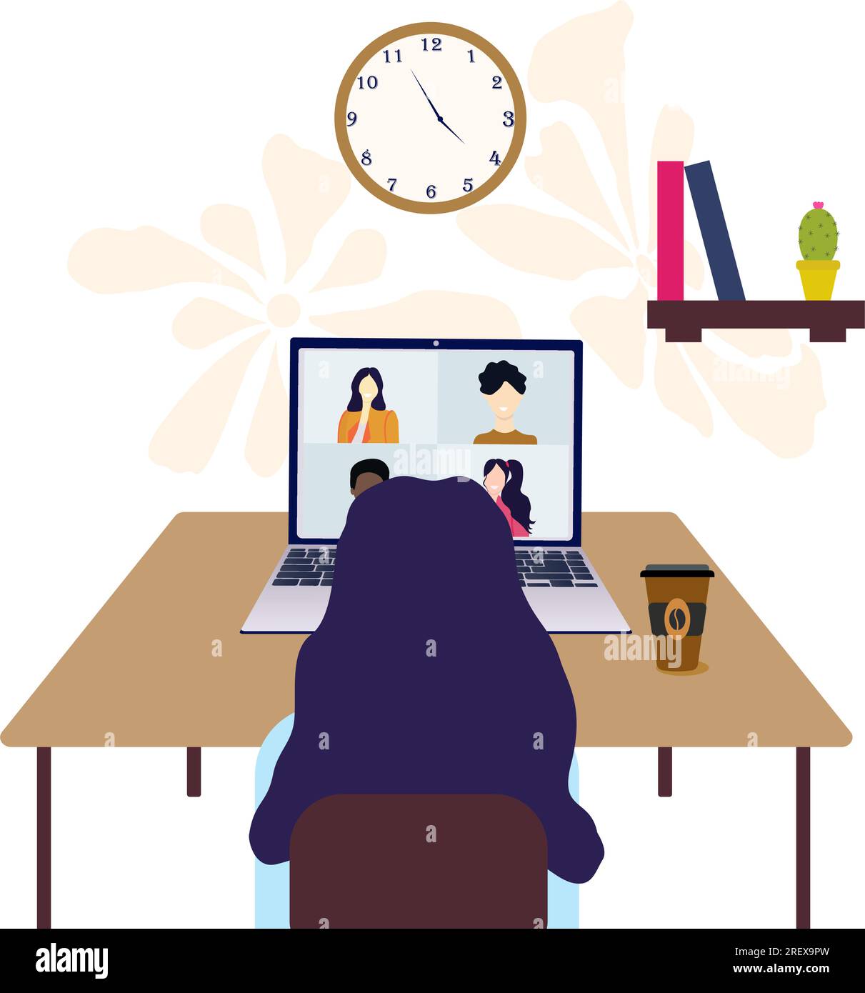 Il concetto di videoconferenza, formazione, videocomunicazione online con colleghi, amici, studenti a casa o in ufficio. Lavoro a distanza. Illustrazione Vettoriale