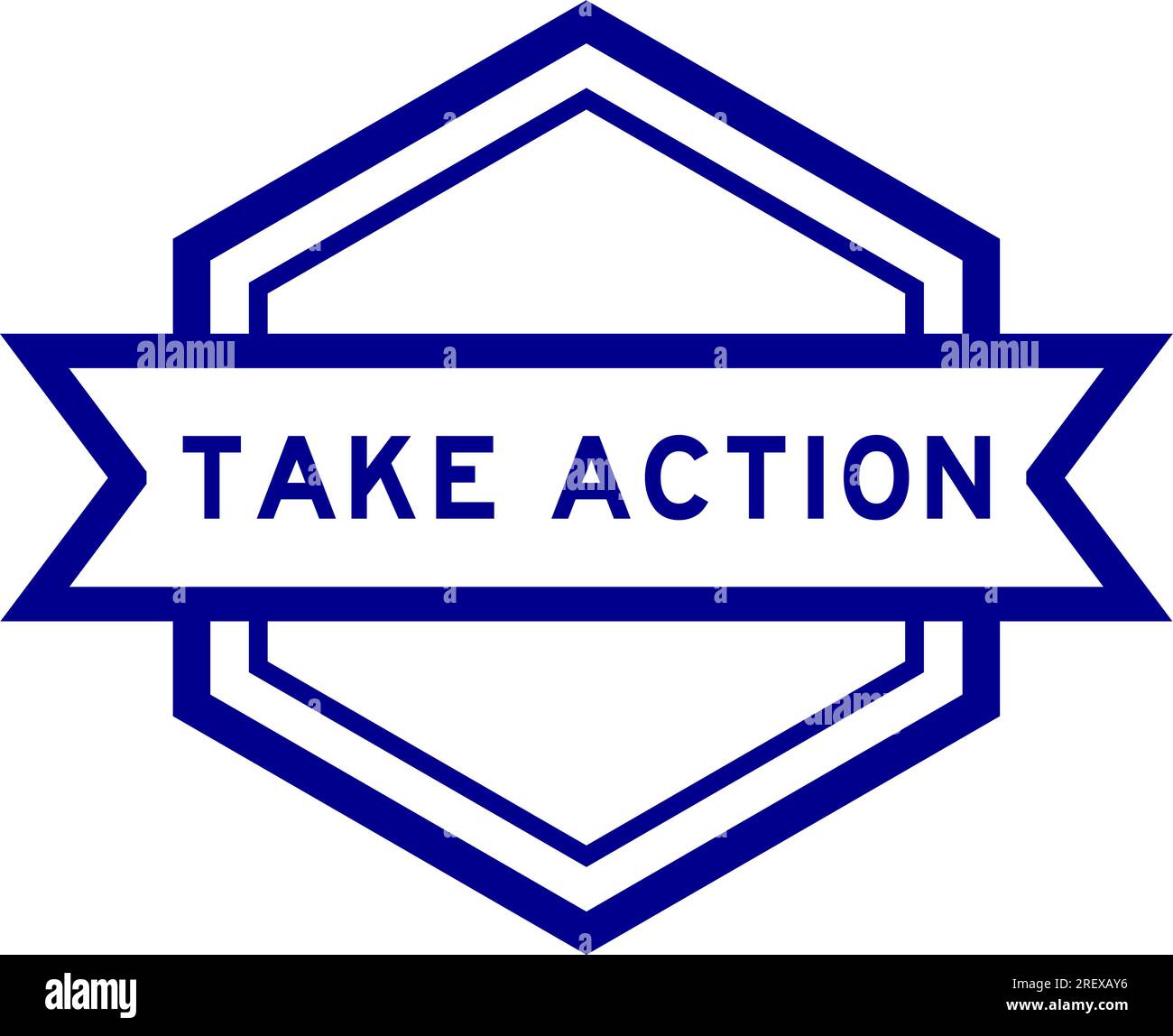 Striscione con etichetta esagonale di colore blu vintage con la parola "Take action" su sfondo bianco Illustrazione Vettoriale