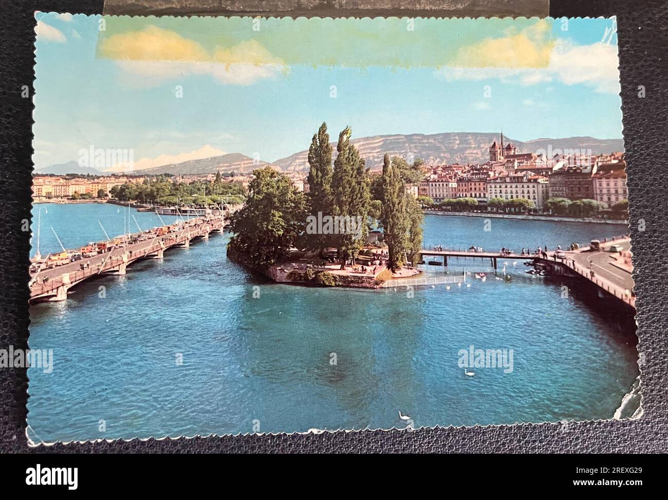 Cartolina d'epoca di Ginevra - Ponte del Monte bianco e Isola Jean Jacques Rousseau, anni '1930 Foto Stock
