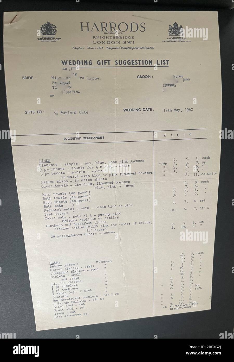 Lista di regali per nozze vintage per Harrods 1960S. Foto Stock
