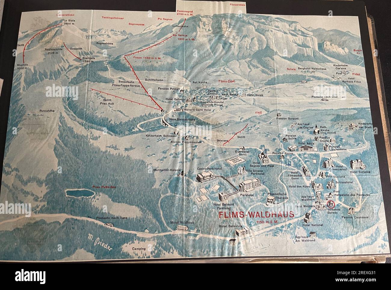 Mappa d'epoca della mappa sciistica di Flims-Waldhaus 1960S. Foto Stock