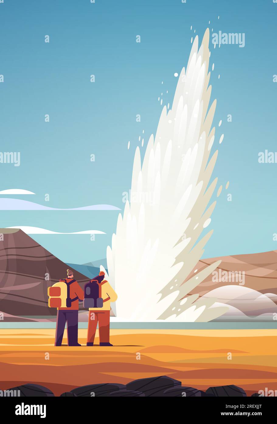 i turisti si avvicinano all'impressionante eruzione di vapore attivo di acqua calda geyser che fuoriesce da una fontana elettrica sottoterra verticale all'aperto Illustrazione Vettoriale