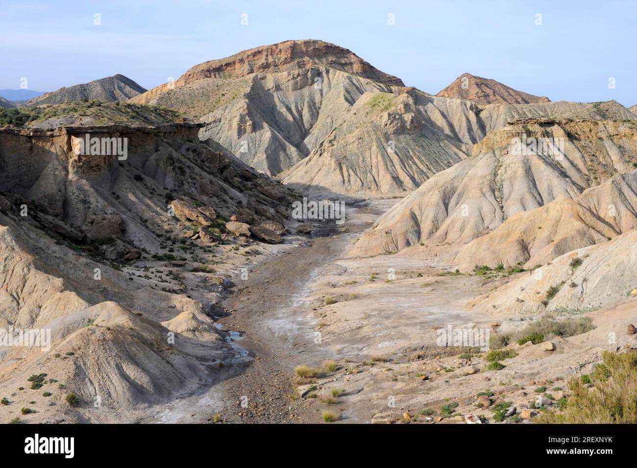Wadi o rambla è un flusso intermittente caratteristico di climi aridi. Questa foto è stata scattata a Desierto de Tabernas, Almeria, Andalusia, Spagna. Foto Stock