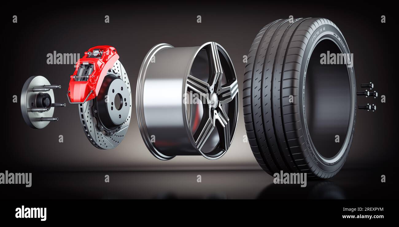Struttura delle ruote per auto. Pneumatici, cerchioni, freni a disco con pinza. illustrazione 3d. Foto Stock