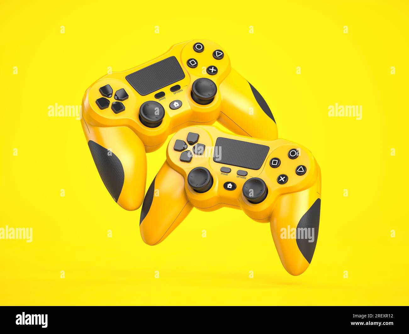 Joystick o controller di gioco giallo su sfondo giallo. illustrazione 3d. Foto Stock