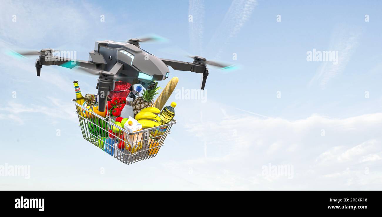 Drone di consegna con cestino pieno di prodotti alimentari su sfondo celeste. illustrazione 3d. Foto Stock