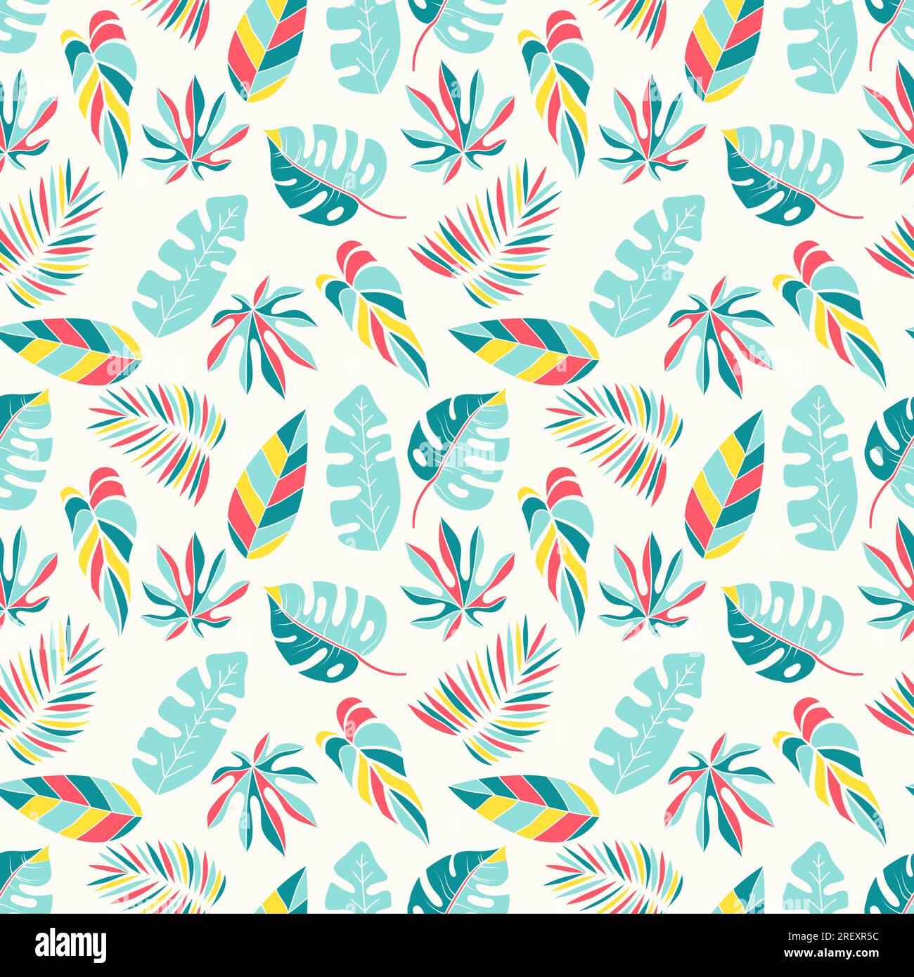 Motivo tropicale senza cuciture con foglie tropicali colorate Illustrazione Vettoriale