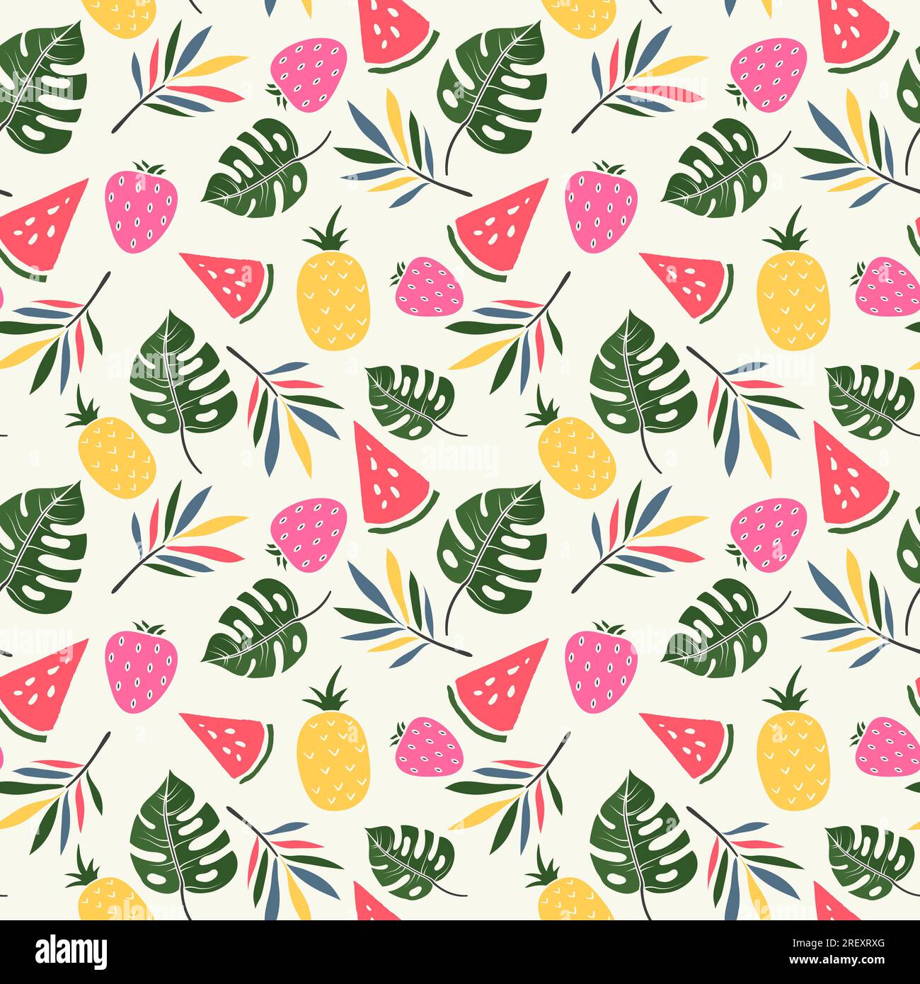 Modello estivo senza cuciture con frutti estivi colorati e foglie tropicali Illustrazione Vettoriale