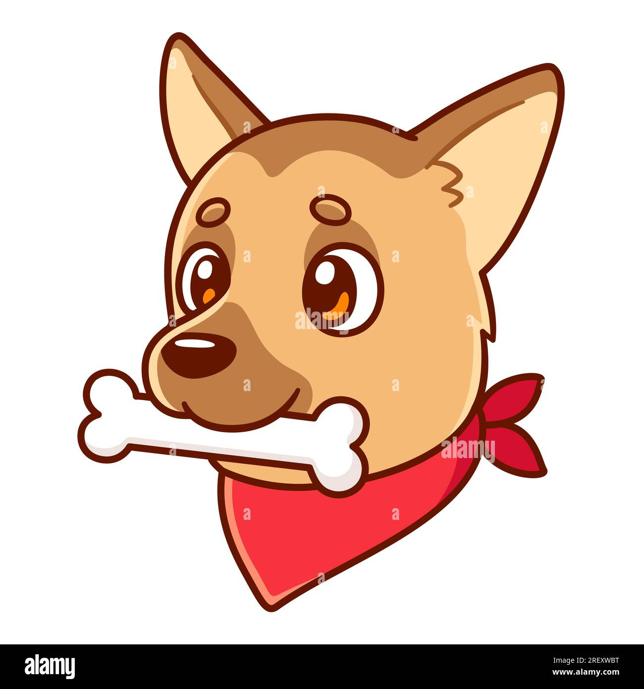Divertente disegno di cane da cartoni animati con osso e bandana rossa. Carina illustrazione vettoriale del pastore tedesco. Illustrazione Vettoriale