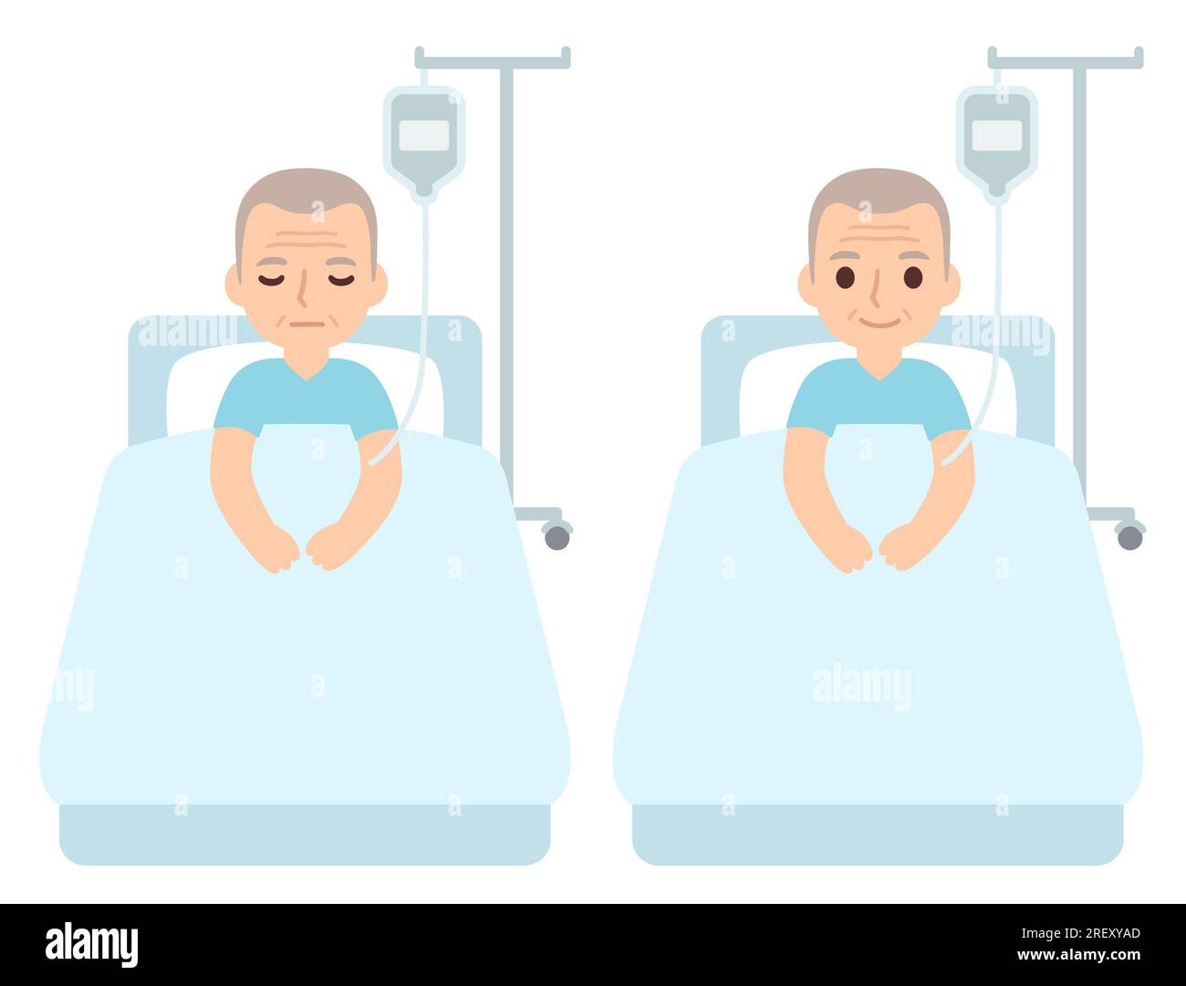 Uomo anziano in letto d'ospedale che riceve il trattamento IV gocciolamento. Simpatica illustrazione dei cartoni animati in stile vettoriale piatto. Illustrazione Vettoriale