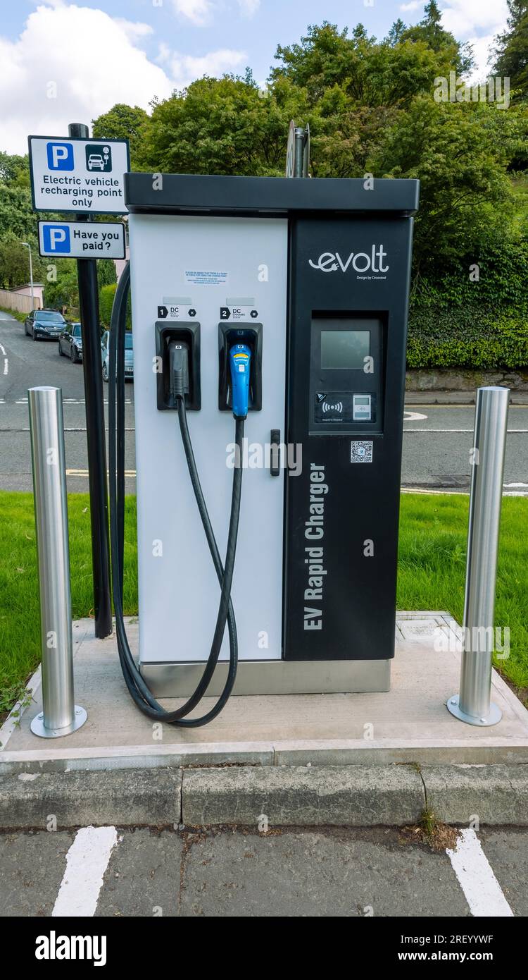 Non vengono mantenuti i caricabatterie/punti pubblici per veicoli elettrici, non sono presenti collegamenti vincolati per mesi o si perde il collegamento, quindi non è possibile utilizzare, Dunkeld, Foto Stock