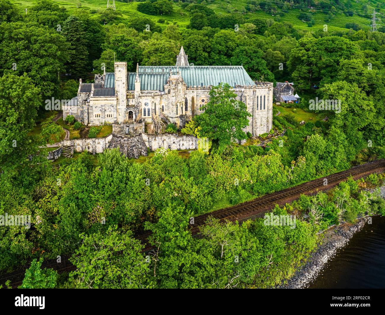 St Conans Kirk da un drone, Loch Awe ad Argyll e Bute, Scozia, Regno Unito Foto Stock