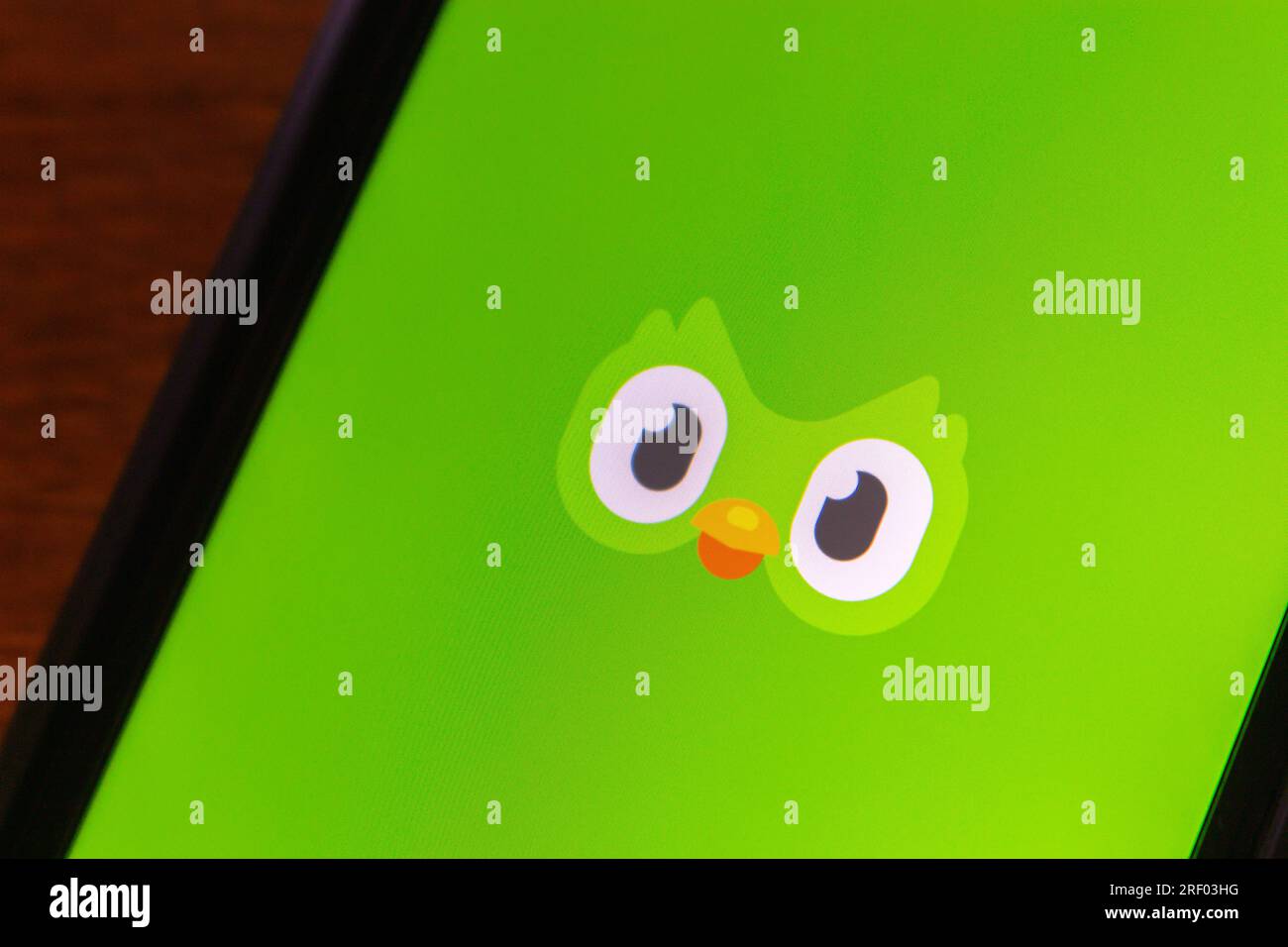 Iconico logo di Duolingo visto su un iPhone. Duolingo è un'azienda statunitense di tecnologia educativa che produce app per l'apprendimento e fornisce la certificazione linguistica Foto Stock