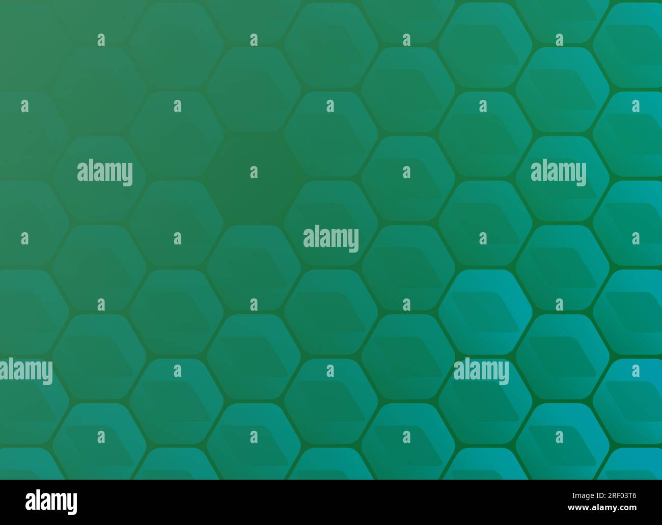 Esagoni ciano geometrici moderni su sfondo verde-ciano. Background tecnologico astratto. Modello a nido d'ape geometrico con cornice completa e spazio di copia. Foto Stock