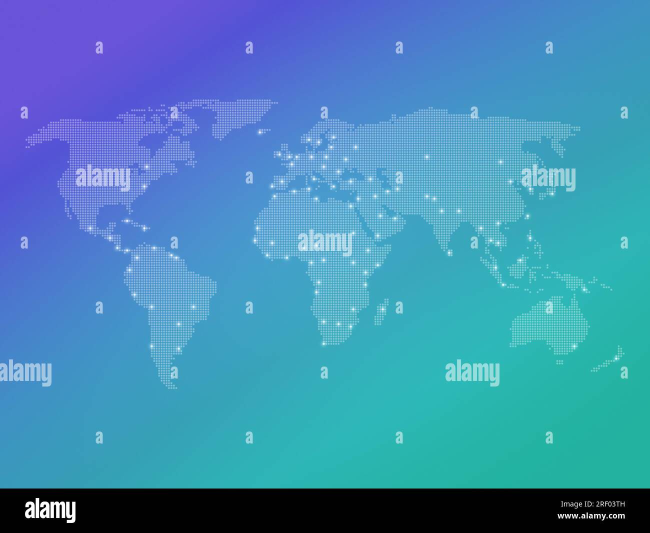 Mappa del mondo a mezzitoni punteggiata con molte capitali evidenziate su uno sfondo vibrante da viola a turchese. Cartina del mondo moderna e pulita. Foto Stock