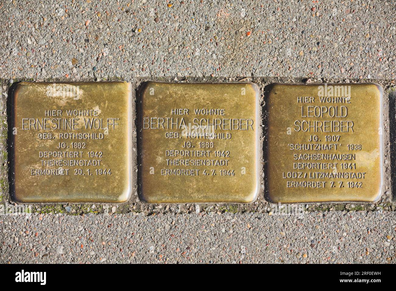 Amburgo, Germania. Targhe di ottone (Stolperstein) alla famiglia ebraica deportata nel Ghetto di Theresienstadt e nel Ghetto di Litzmannstadt e uccisa dai nazisti Foto Stock