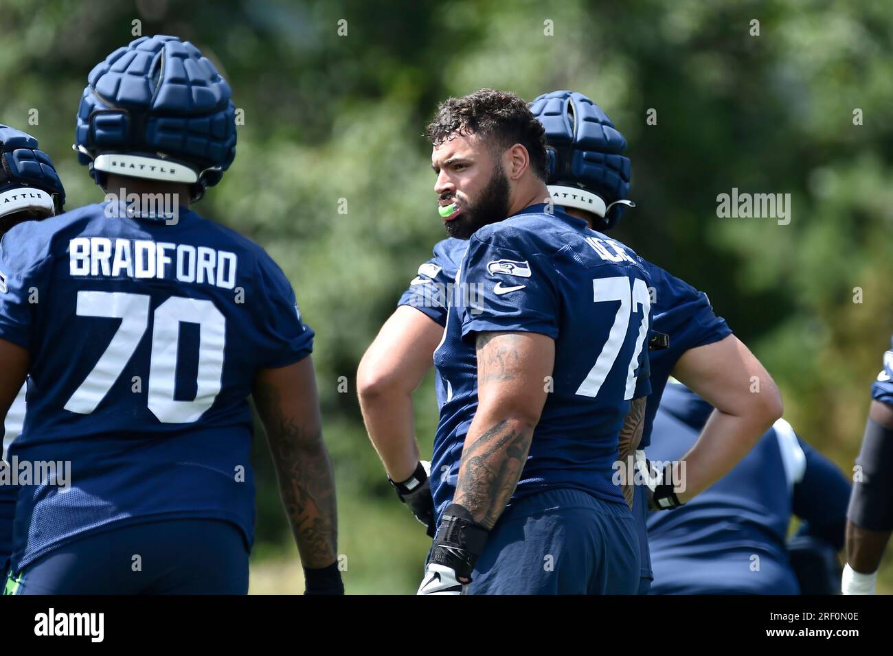 Renton, Washington, USA. 30 luglio 2023. L'offensive tackle dei Seattle Seahawks Abraham Lucas (72) durante il training camp dei Seattle Seahawks a Renton, WA. Steve Faber/CSM/Alamy Live News Foto Stock