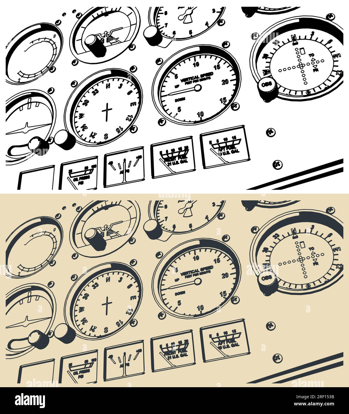 Illustrazioni vettoriali stilizzate del pannello di controllo dell'aereo in primo piano Illustrazione Vettoriale