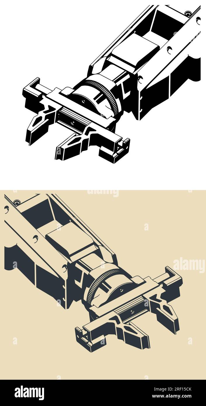 Illustrazione vettoriale stilizzata di un manipolatore industriale robotizzato in primo piano Illustrazione Vettoriale