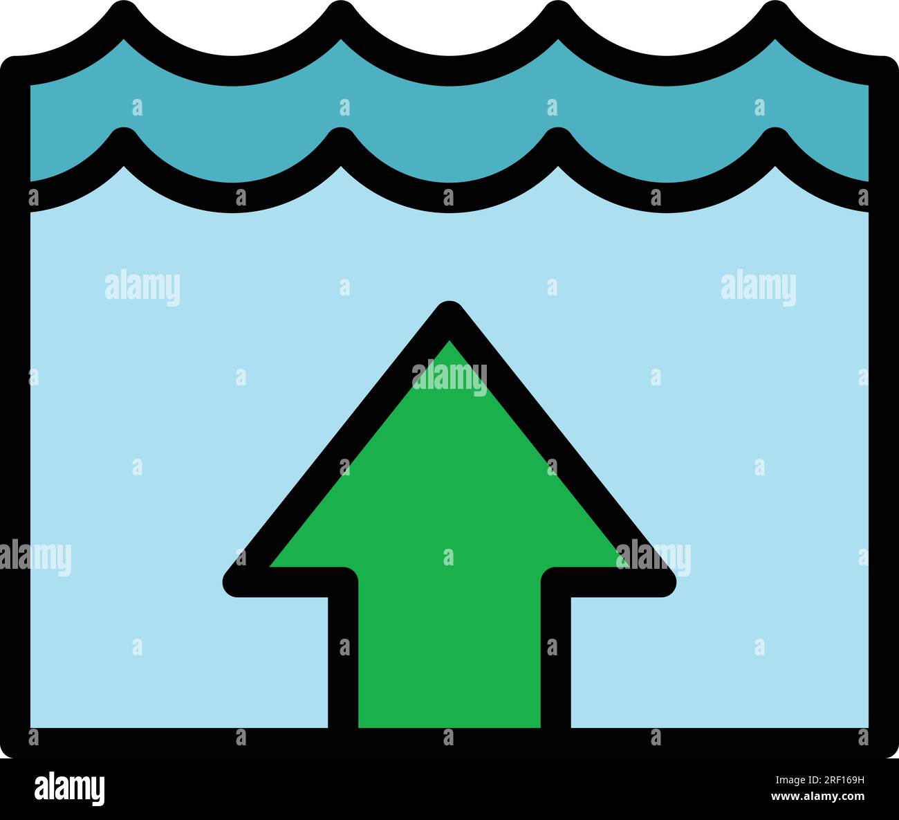 Icona di riscaldamento del livello del mare per delineare il vettore. Cambio alluvione. Colore dell'acqua del clima piatto Illustrazione Vettoriale