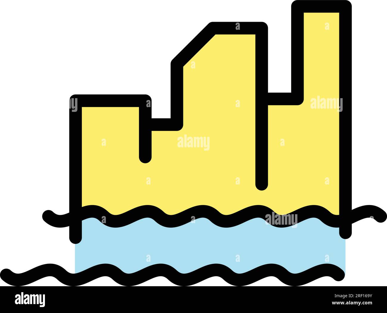 Vettore di contorno icona livello alluvione città. Cambio di mare. Piatto color oceano globale Illustrazione Vettoriale