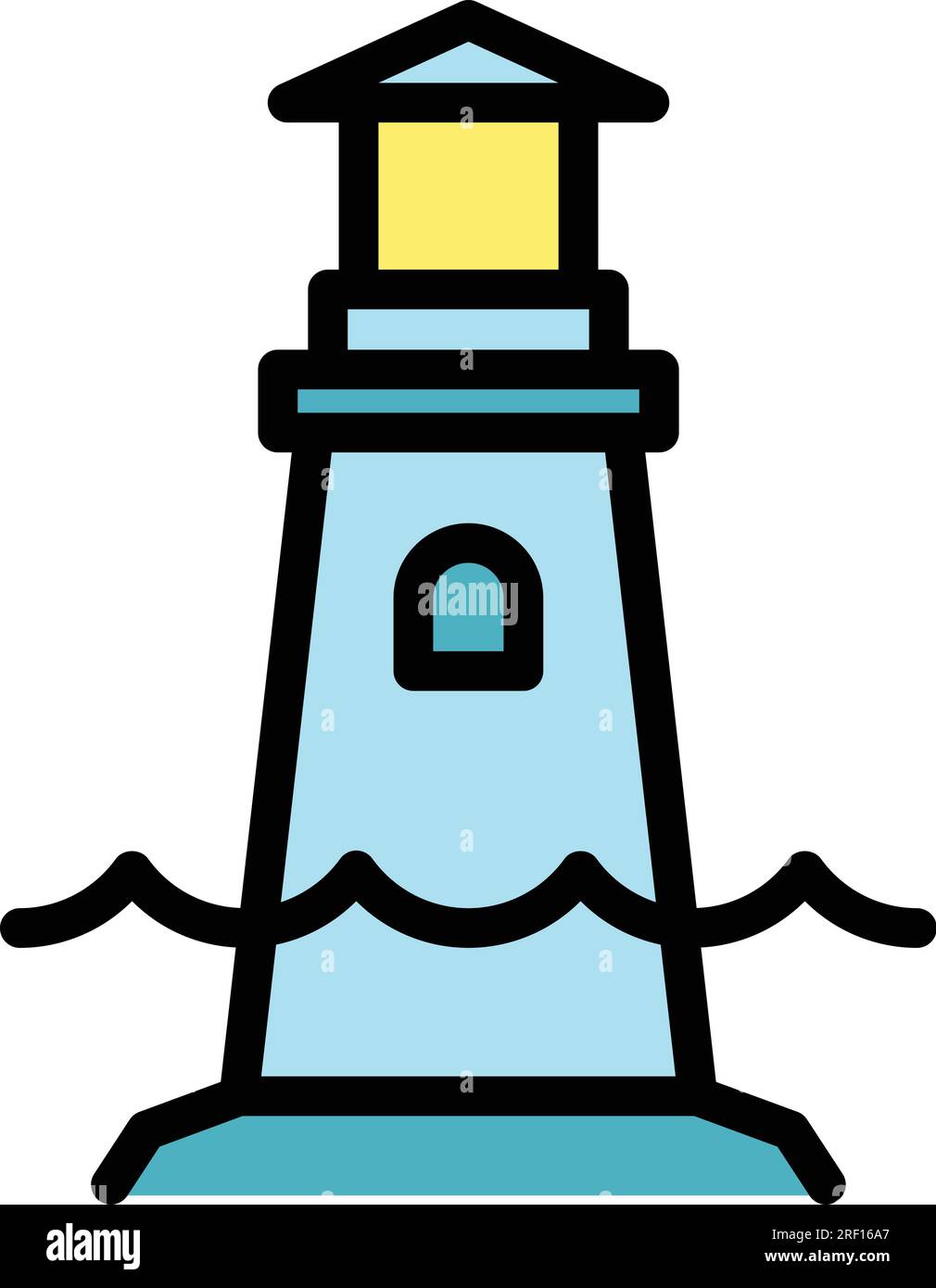 Icona del faro a luce diffusa che indica il vettore. Livello del mare. Color acqua dell'oceano piatto Illustrazione Vettoriale