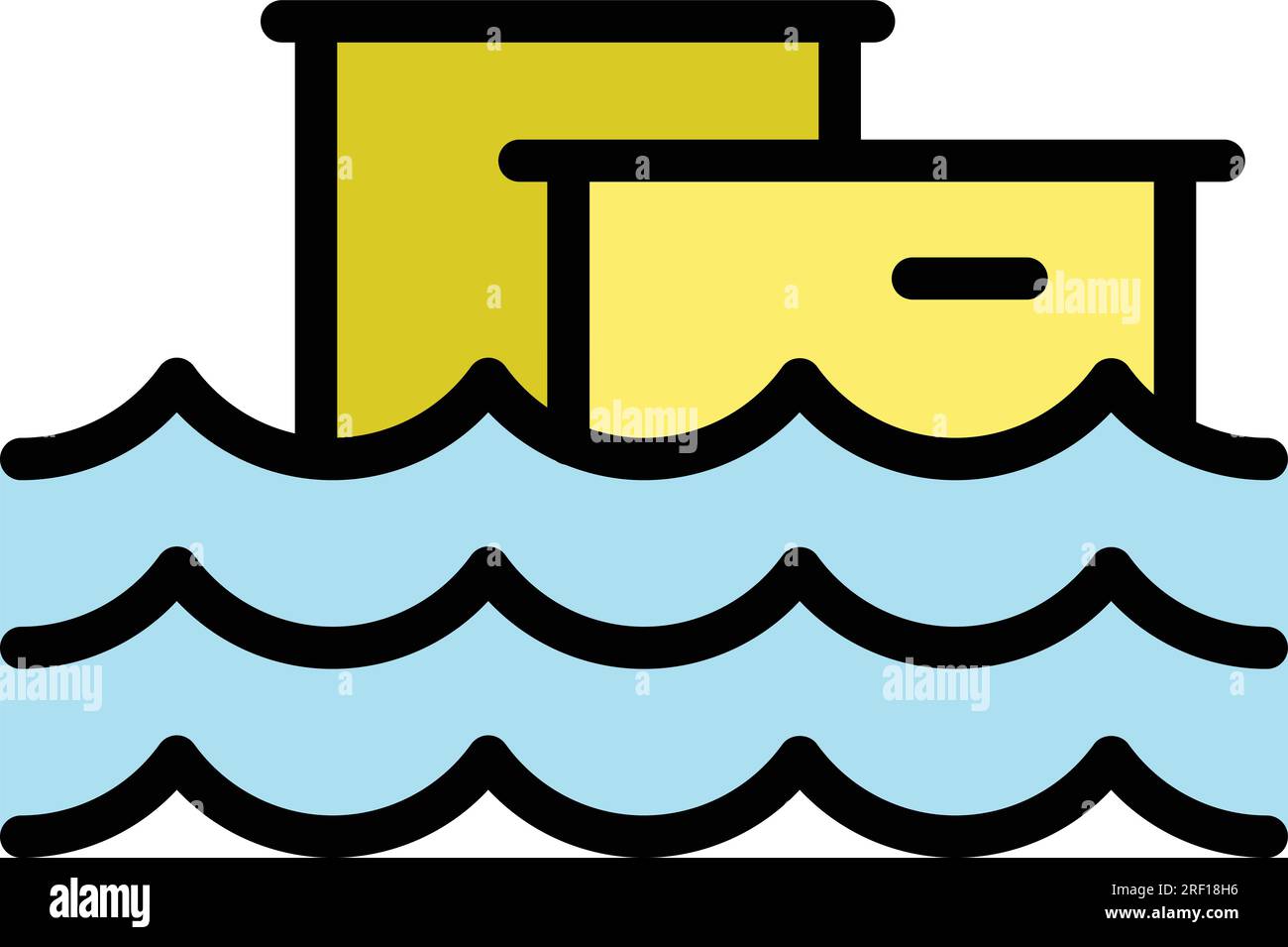 Vettore di contorno dell'icona di inondazione della città. Livello del mare. Piatto color oceano globale Illustrazione Vettoriale