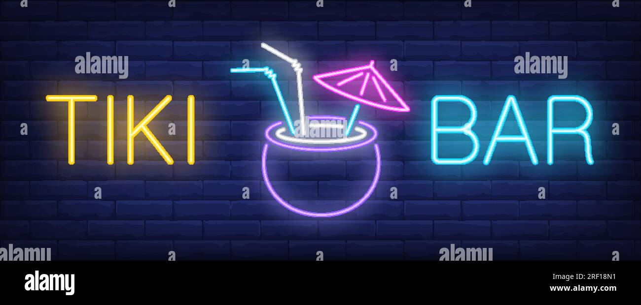 Tiki bar neon text con cocktail tropicale Illustrazione Vettoriale